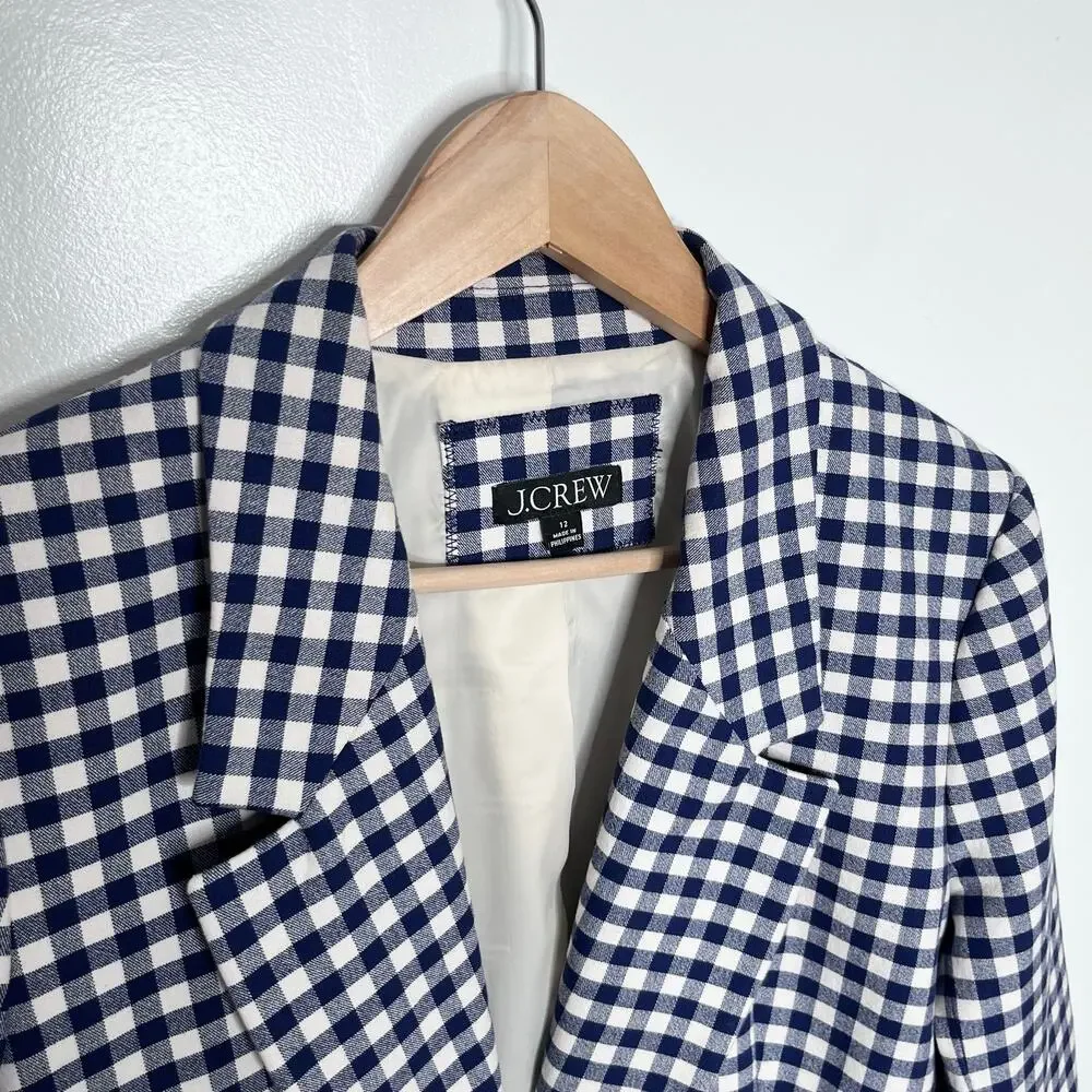 J.Crew Parke Blazer Gingham Bi-Stretch Cotton Navy White Check Size 12